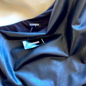 BLACK Body Con Faux Leather One Shoulder Mini Sheath Dress Built-In Shapewear